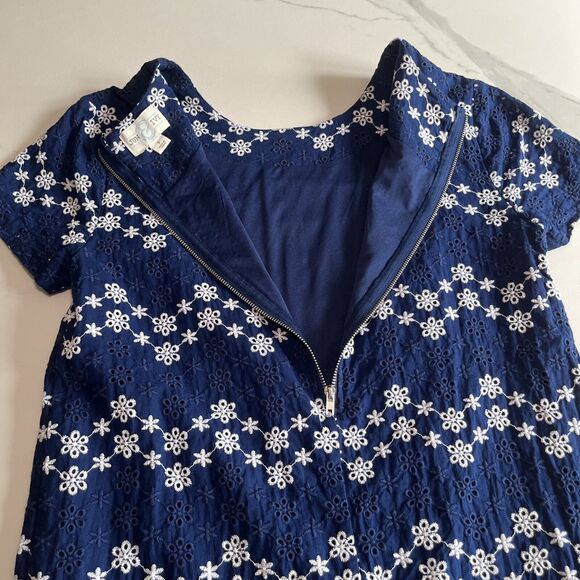 Jun Ivy Dress Embroided Cotton Sz Sm Floral Short Sleeve Mini Shift Lined Blue - Picture 11 of 12